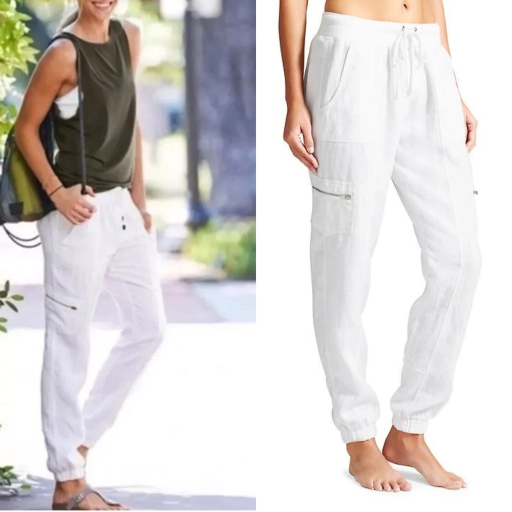 Athleta White Linen Cargo Joggers Pants 16 Summer Beach Coastal
